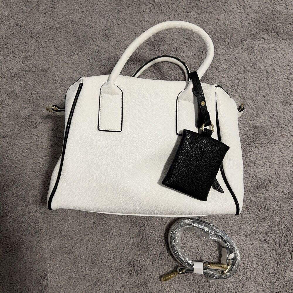 Charming Charlie White Faux Leather Satchel Purse Black Piping NWOT